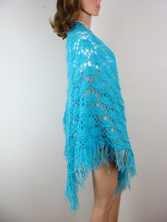 Vintage Crochet Shawl 70s Handmade Turquoise Blue… - image 5