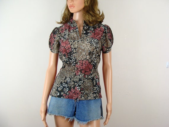 Vintage Floral Print Top 70s Petal Sleeve Pleated… - image 1