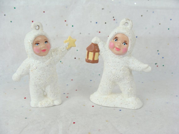 Vintage Snow Baby Ornaments Set of 2 Glitter Mica Bisque