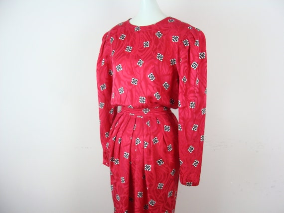 Vintage Silk Dress 80s Tulip Skirt Pockets Printe… - image 3