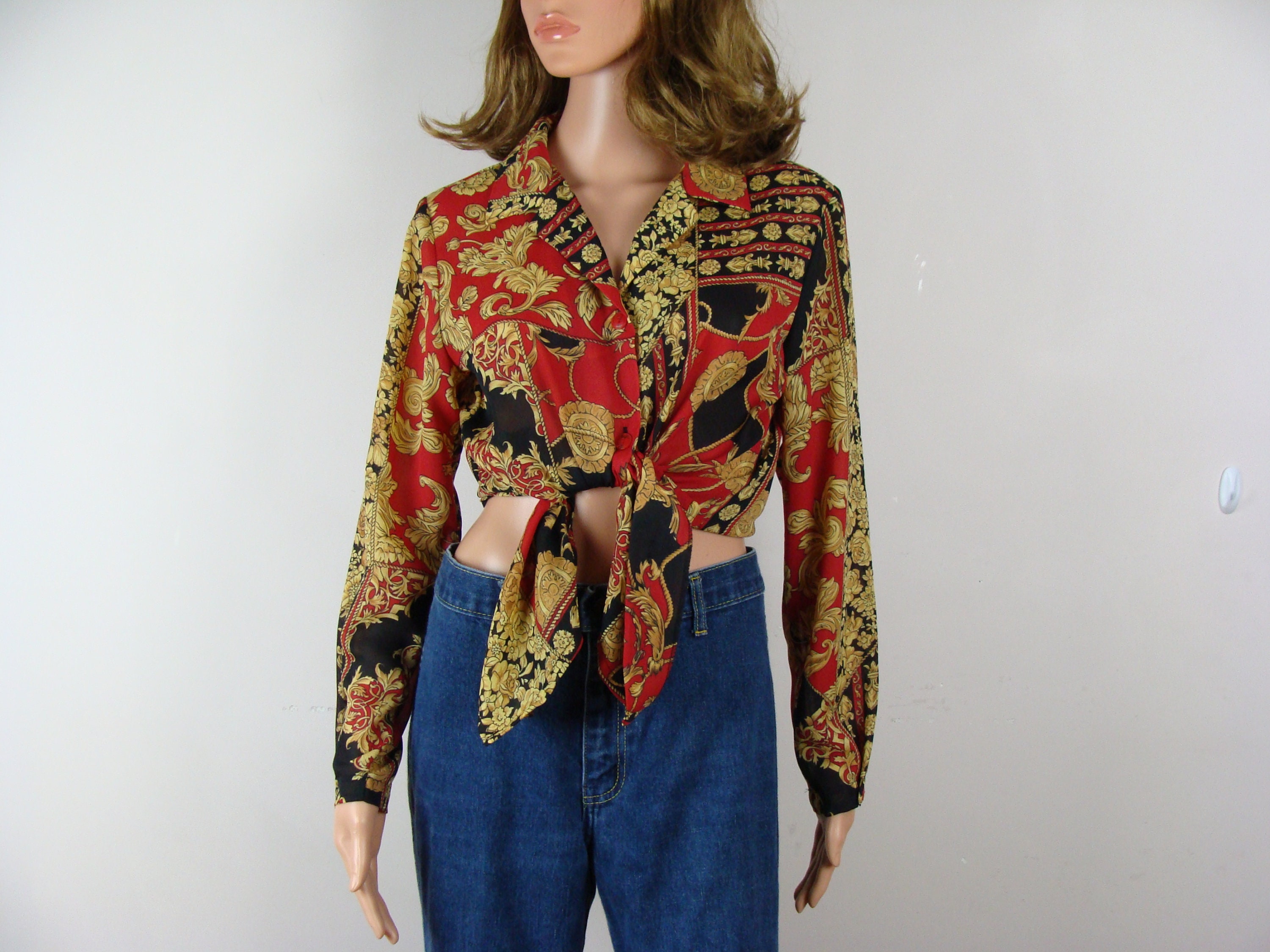 Vintage Baroque Bloue 80s Gantos Sheer Blouse 90s Long