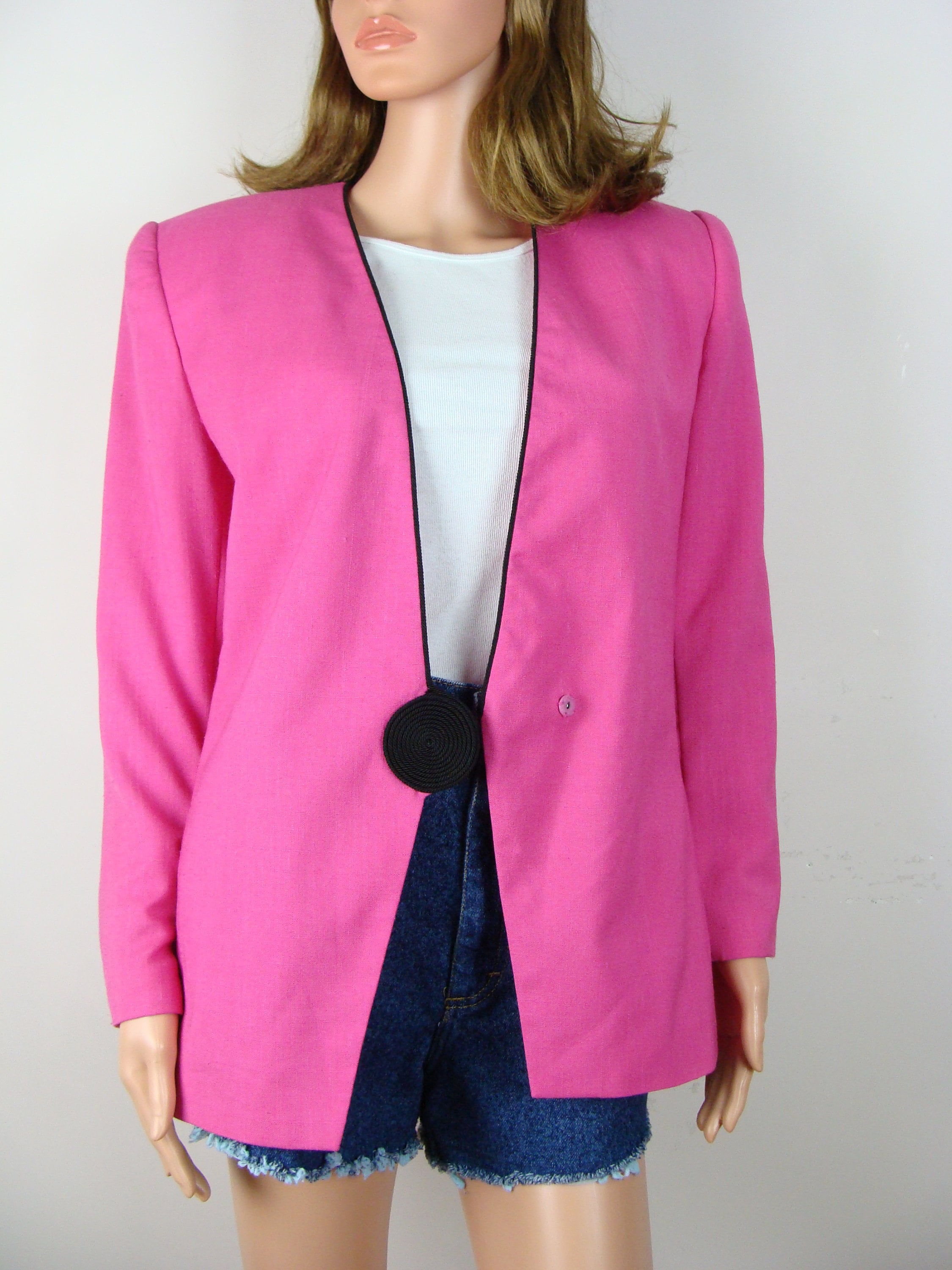 Vintage Hot Pink Blazer 80s Black Trim Jacket Stirling Cooper Size
