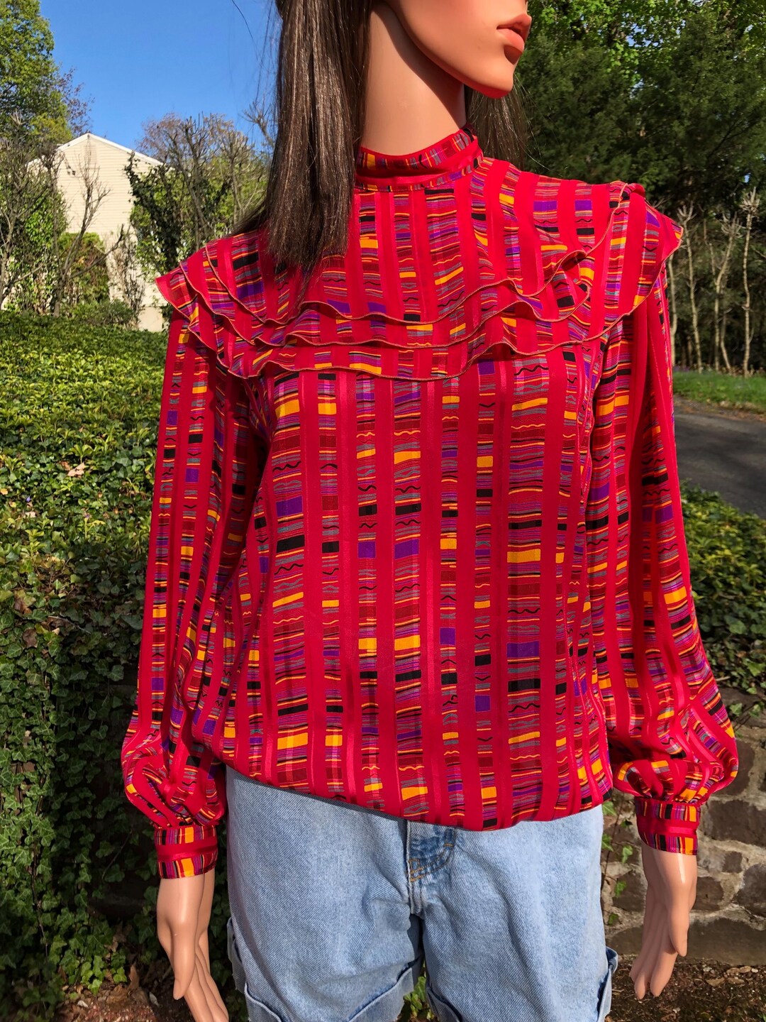 Vintage Ruffle Collar Blouse 80s Colorful Long Sleeve Sheer - Etsy