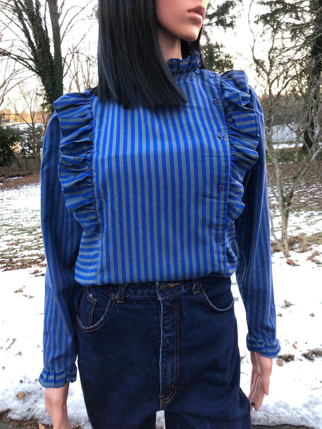 Vintage Ruffle Blouse High Neck Striped Long Sleeve Edwardian Victorian ...