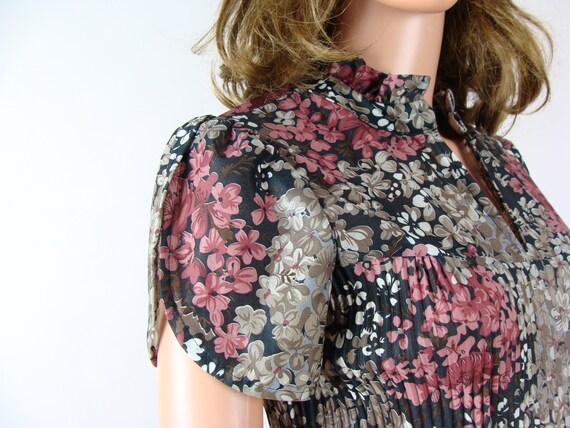 Vintage Floral Print Top 70s Petal Sleeve Pleated… - image 5