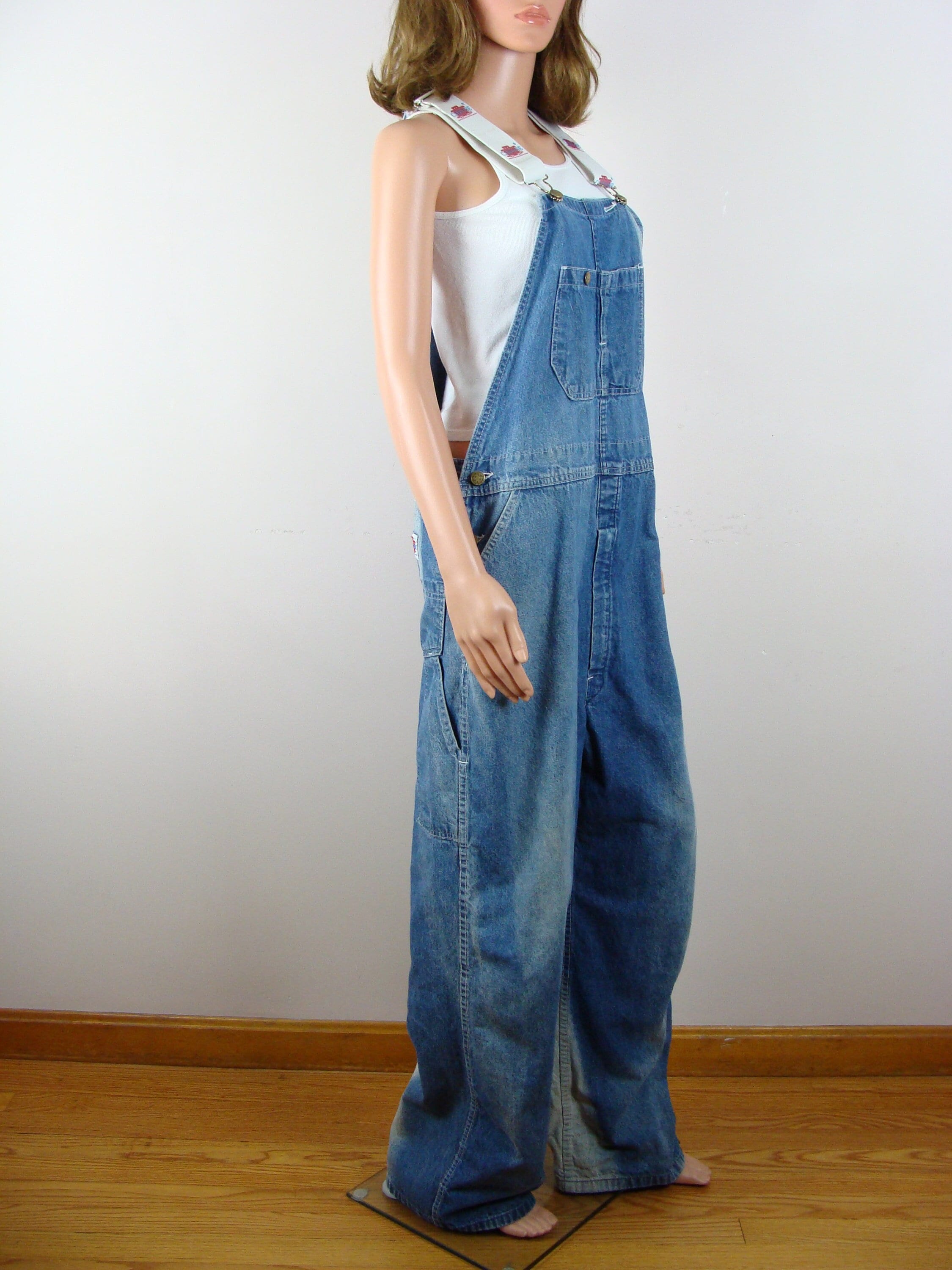 Vintage Overalls 90s Oversized Bleach Dyed Denim Bib Coveralls