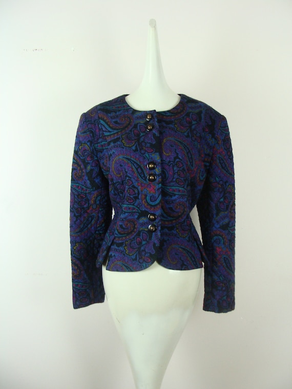 Vintage Quilted Blazer 80s Paisely Printed Jacket… - image 1