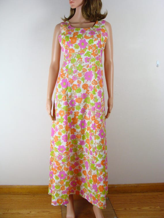 1960  Long Sleeve Maxi Tent Dress Trapeze Geometric Psychedelic Blue Belted
