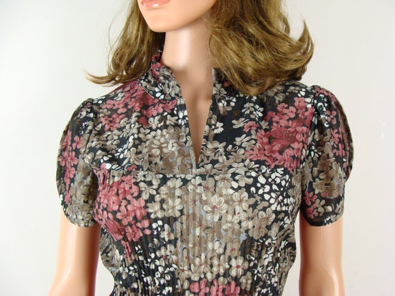 Vintage Floral Print Top 70s Petal Sleeve Pleated… - image 3