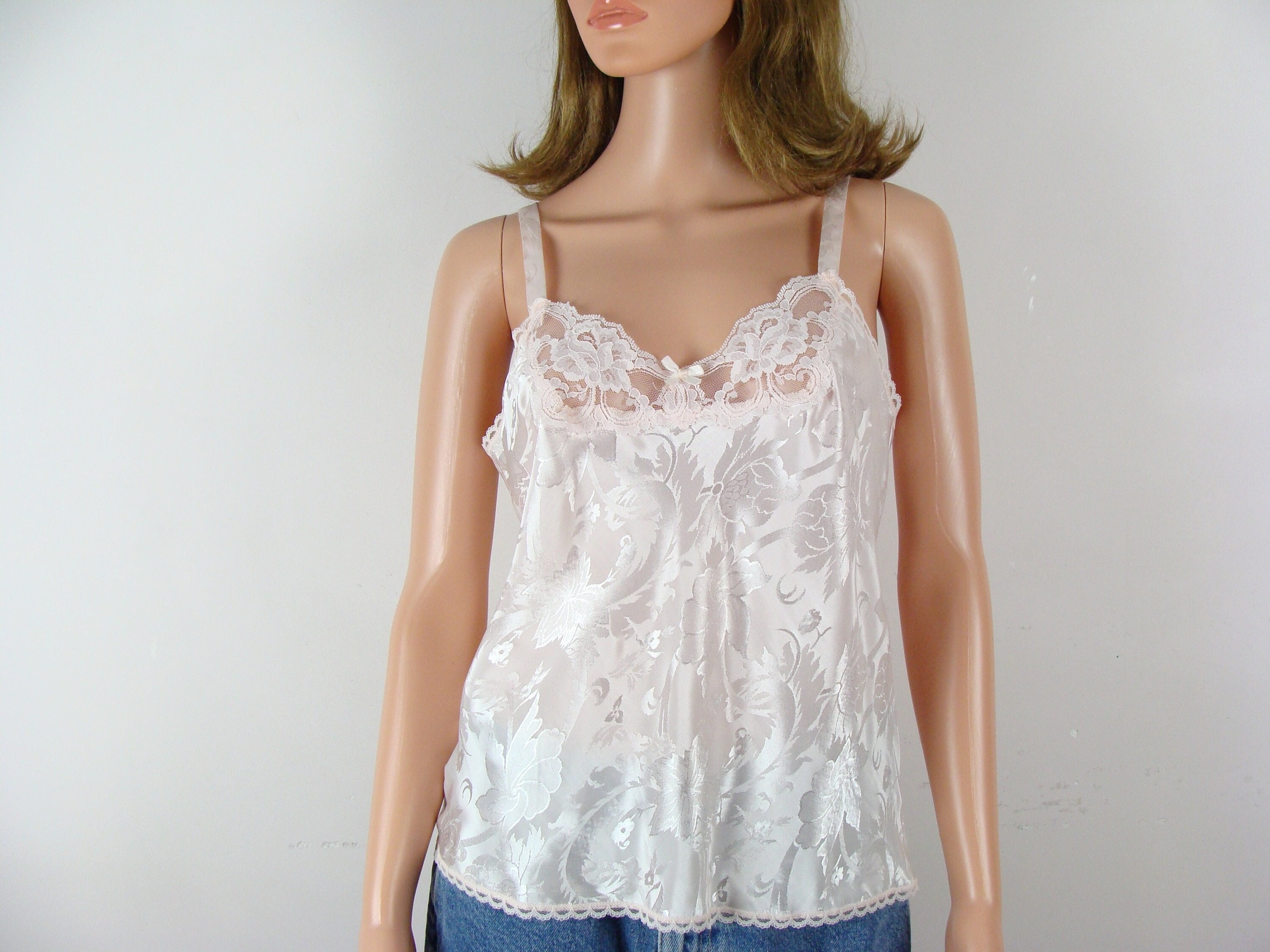 Vintage 70s Lace Cami Top Pink Crop Nylon Blush Satin Bow