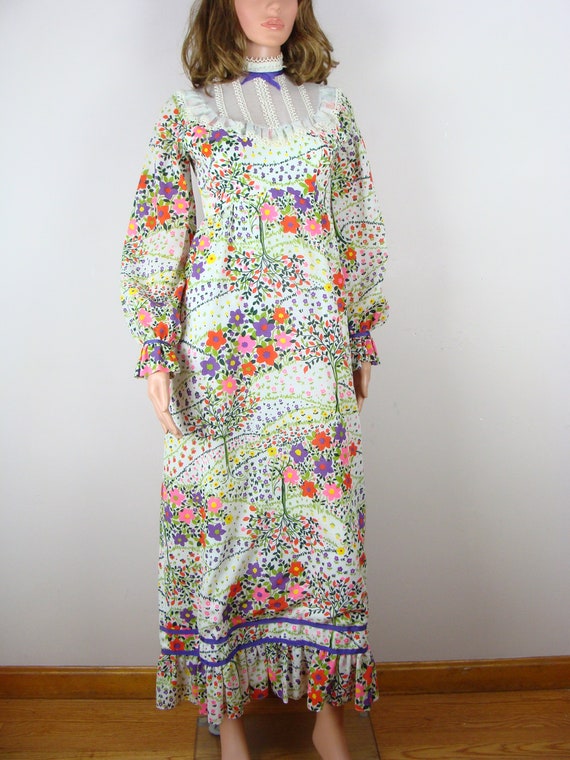 Vintage Prairie Dress 60s Poet Sleeve Maxi Colorf… - image 9