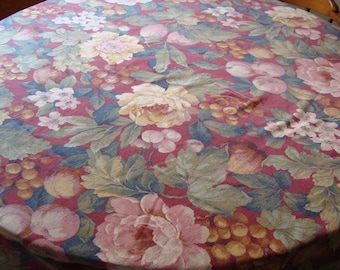Vintage Harvest Floral Tablecloth 90s Woven Table Cover Rectangle Fruit Flowers Farmhouse Decor