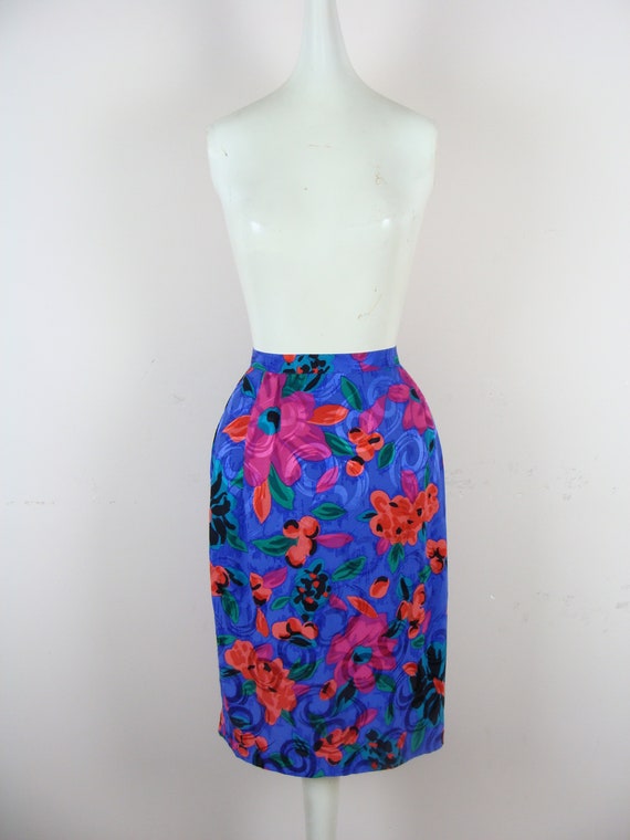 Vintage Floral Skirt 80s High Waisted Silk Pencil Skirt Knee | Etsy