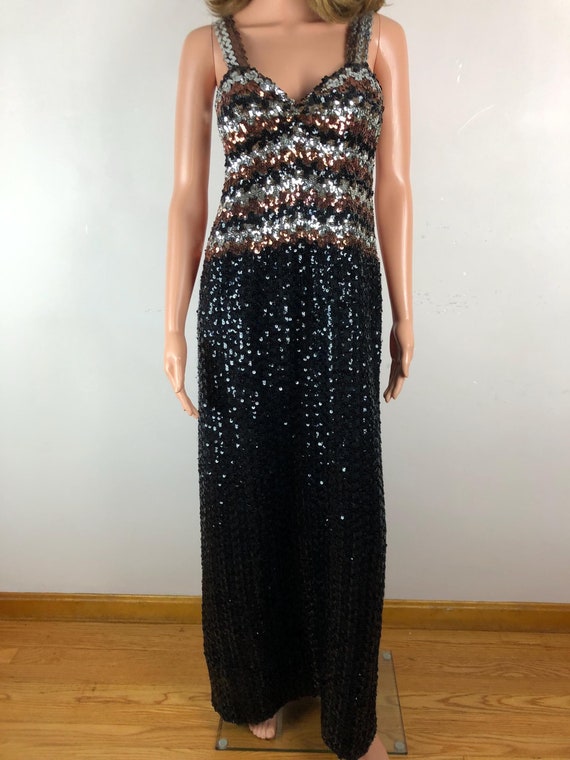 Vintage Sequin Gown 70s Full Length Stretchy Knit Dress Sparkly Black Silver Bronze