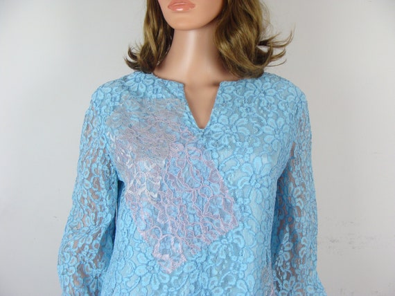 Vintage Lace Dress 60s Long Sleeve Pastel Patchwo… - image 2
