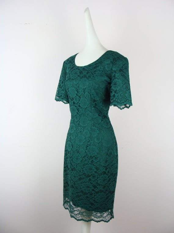 Vintage Lace Dress 90s Green Sheath Knee Length S… - image 5