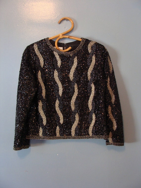 Vintage Sequin Sweater 60s Heavily Beaded Saks Fi… - image 1