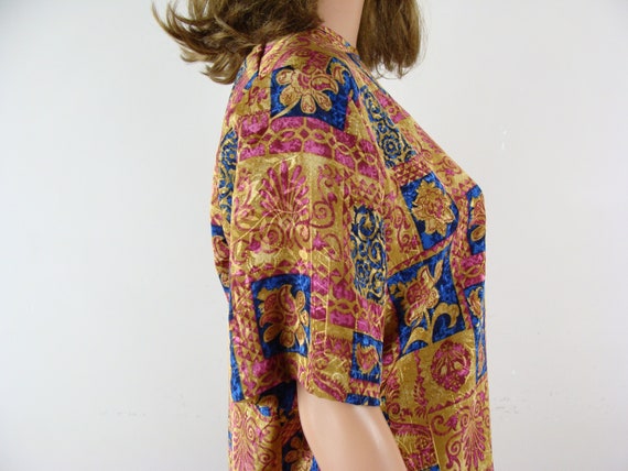 Vintage Printed Blouse 90s Silky Short Sleeve Box… - image 5