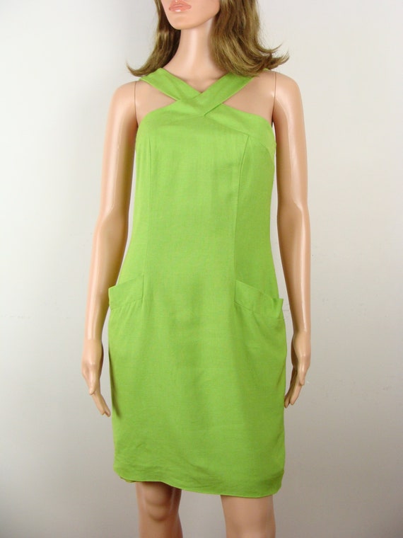 Vintage Linen Blend Dress 90s Ann Taylor Lime Gree