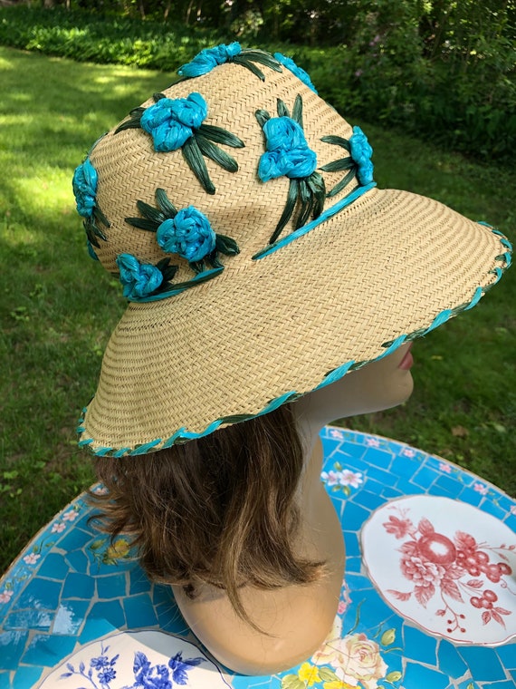 Vintage Embroidered Straw Hat 60s Sun Hat Raffia F