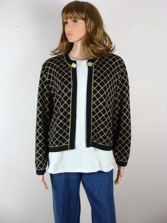Vintage Metallic Cardigan Sweater 90s Mita Black Gold… Gem
