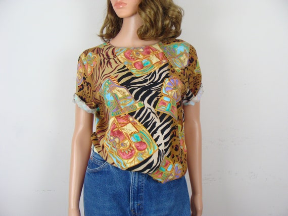 Vintage Mixed Print Blouse 80s Animal Print Tropi… - image 10