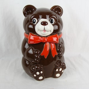 Vintage Teddy Bear Cookie Jar 60s Japan Ceramic Red Bow Cute Kitsch Retro 70s Holiday Decor Festive