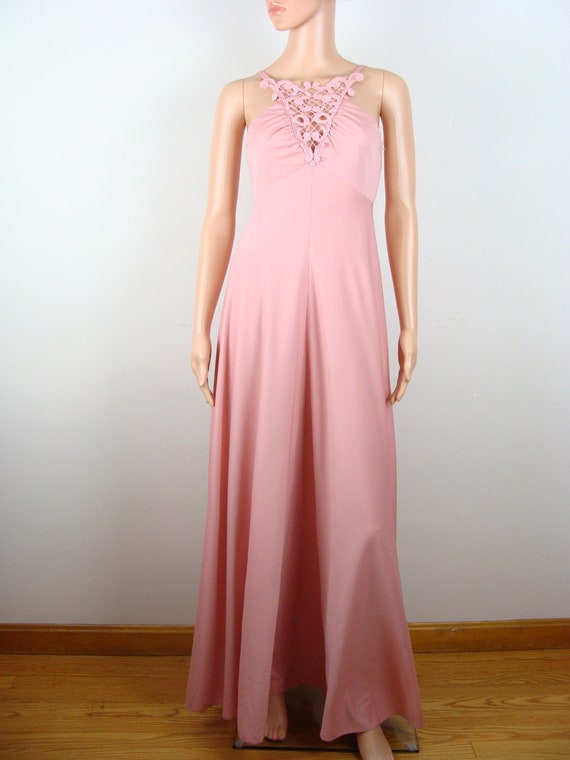 Vintage 70s Maxi Dress Blush Pink Gown Crochet Lac