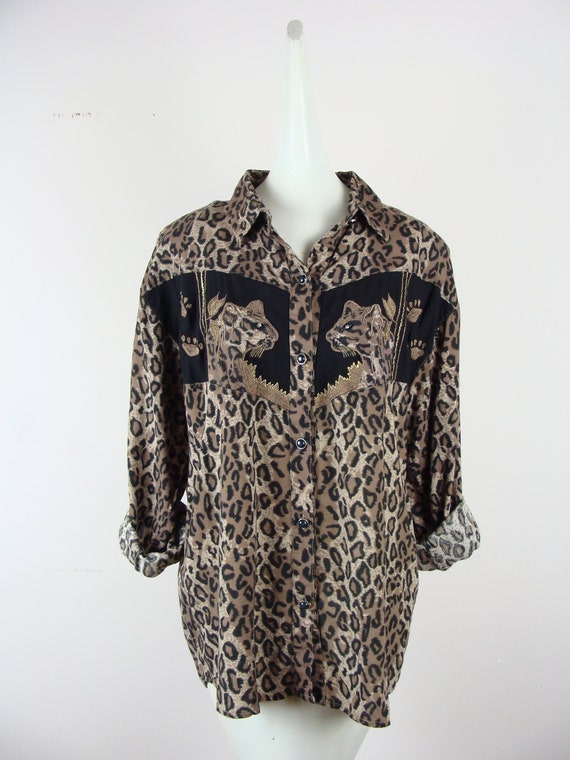 Vintage Leopard Blouse 80s Shoulder Pads Button Down Shirt | Etsy