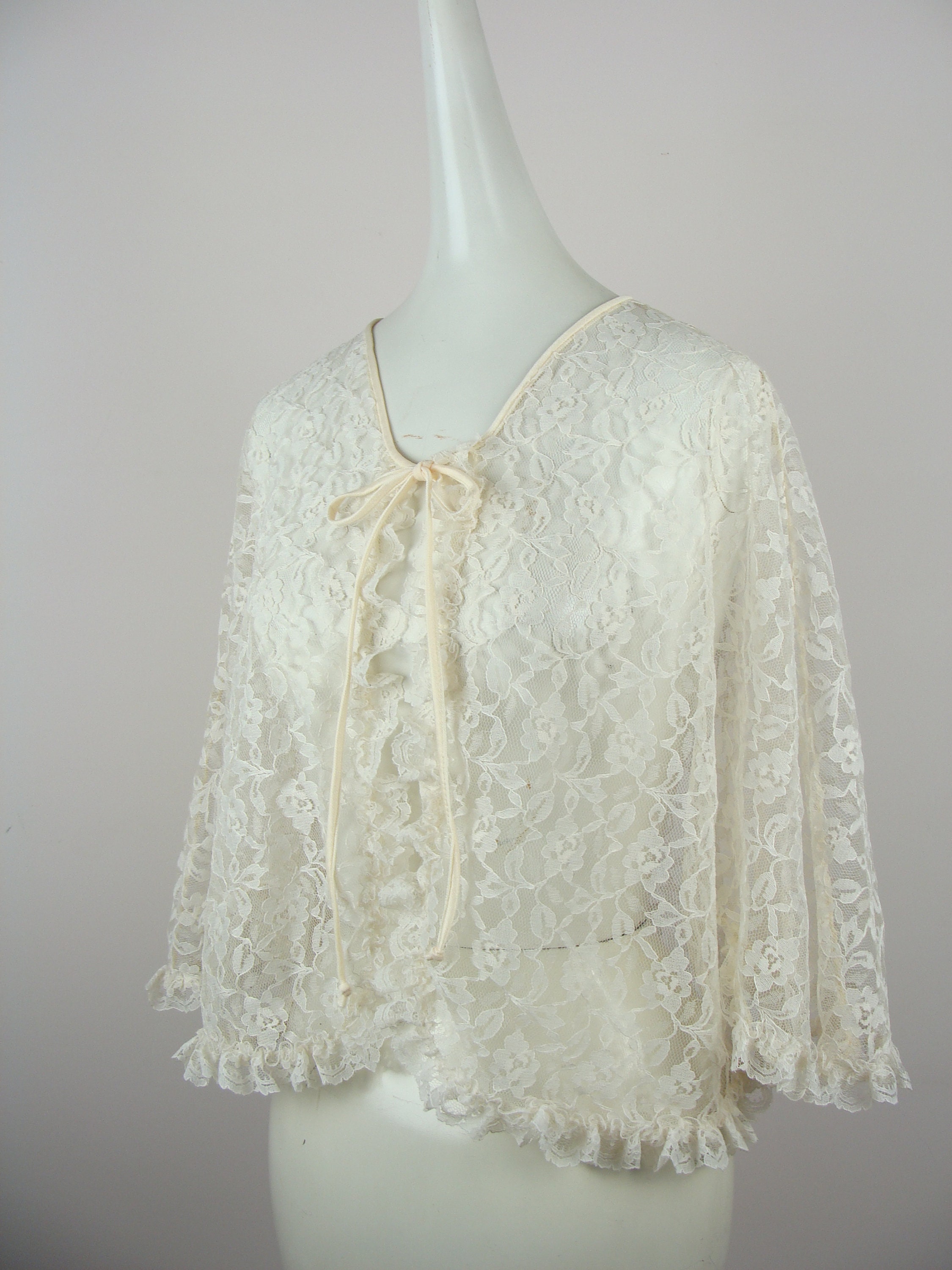Vintage Sheer Lace Bed Jacket 70s Cropped Cover Up Tie Neck Etsy