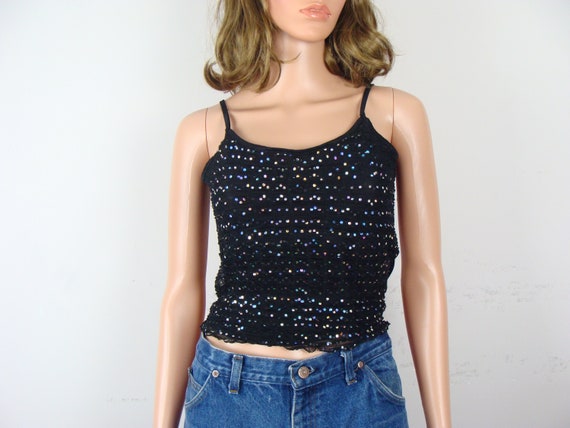 Y2K Crop Top, 2000s Glitter Top, Black Sparkly Tank Top, 00s Ruched Mesh  Reflective Camisole, Rave City 