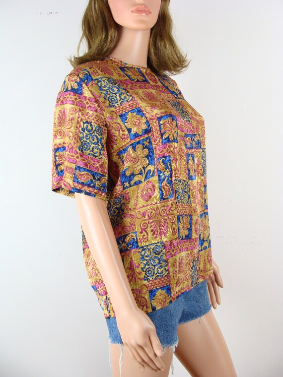 Vintage Printed Blouse 90s Silky Short Sleeve Box… - image 4