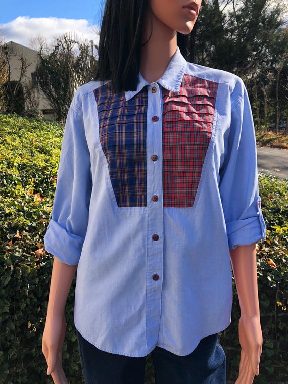 Vintage Patchwork Button Down Shirt 70s Plaid Cha… - image 7