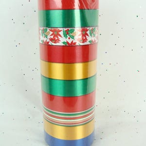 Vintage Christmas Ribbon 70s Unopened NOS 10 Ribbons 170 Ft Festive Retro Kitsch Deadstock 3/4&quot; Wide Gift Wrapping Poinsettia Holly Stripes
