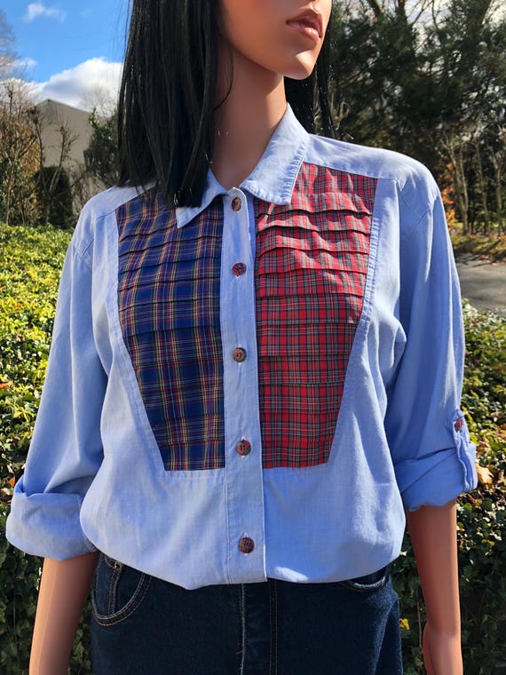 Vintage Patchwork Button Down Shirt 70s Plaid Cha… - image 8