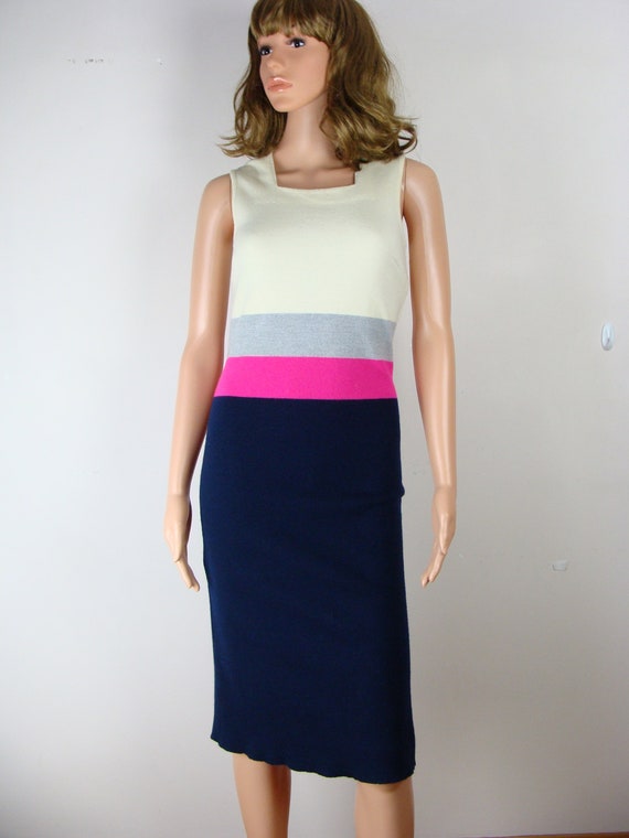 Vintage Knit Dress 60s Colorblock Tank Dress Squa… - image 3