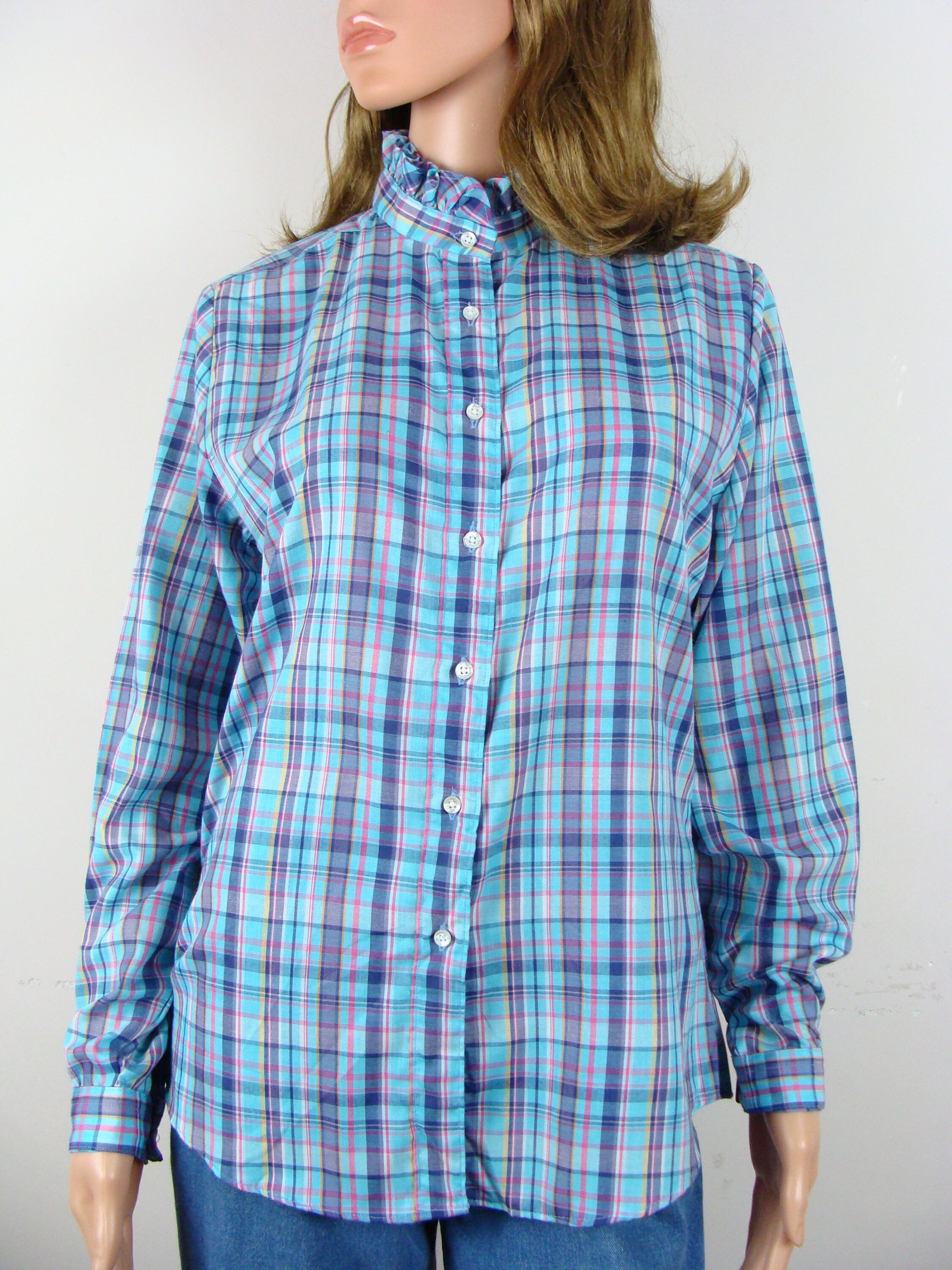 Vintage Plaid Shirt 70s Ruffle Collar Mockneck Blouse 80s Vintage Plaid Shirt 70s Ruffle Collar Mockneck Blouse 80s