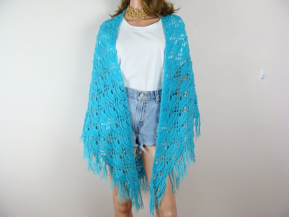 Vintage Crochet Shawl 70s Handmade Turquoise Blue… - image 2