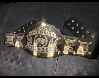 SALE ! Dominoes Champion Championship title belt Handcrafted in the U.S.A Metal Plates Adult Size Games family fun gaming dice marbles