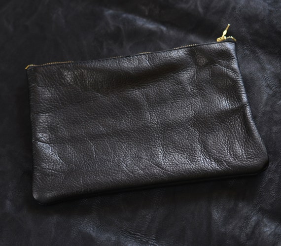 Leather Envelope Clutch Large Zipper Pouch - Handmade Makeup Bag - Minimalist Evening Bag - Genuine Leather Wristlet - Gift for Her