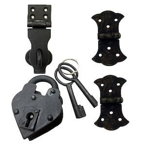 Cast Iron Heart Lock and Keys, Latch and Hinge Set - 6 Piece Iron Lock Kit - Old Fashion Lock and Key - Iron Heart Lock -  Trunk Latch Kit