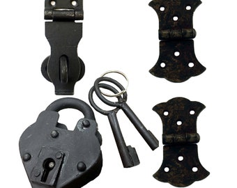 Cast Iron Heart Lock and Keys, Latch and Hinge Set - 6 Piece Iron Lock Kit - Old Fashion Lock and Key - Iron Heart Lock -  Trunk Latch Kit