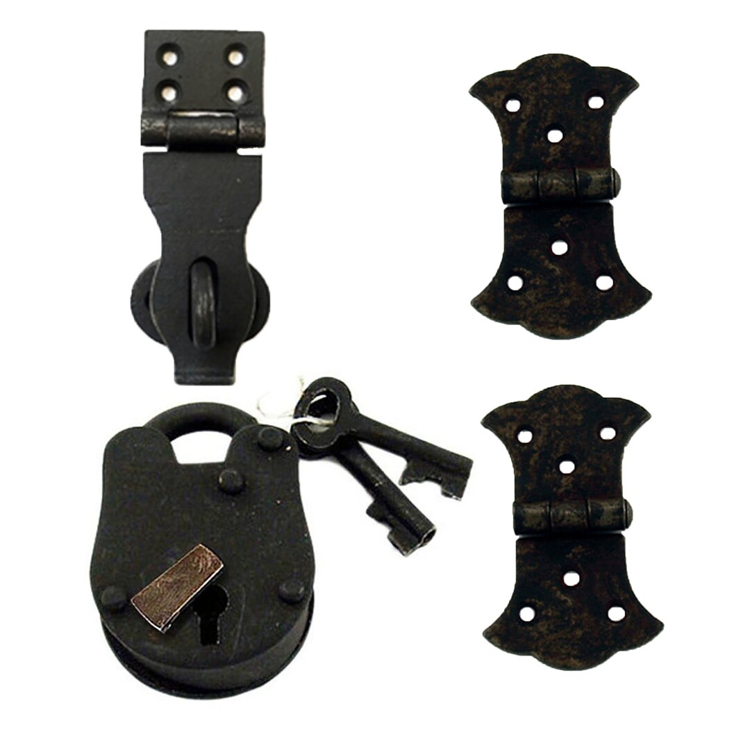 Cast Iron Lock and Keys, Latch and Hinge Set 6 Piece Iron Lock Kit Old ...