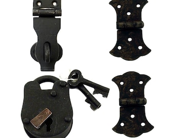 Cast Iron Lock and Keys, Latch and Hinge Set - 6 Piece Iron Lock Kit - Old Fashion Lock and Key - Iron Lock with Keys -  Trunk Latch Kit