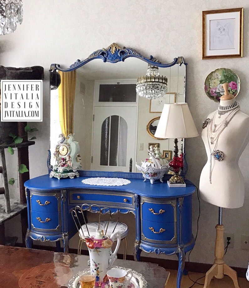 Makeup Vanity Antique Vintage French Queen Anne Style Blue and Etsy