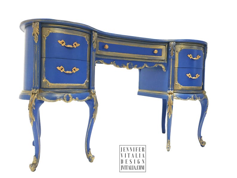 Makeup Vanity Antique Vintage French Queen Anne Style Blue and Etsy