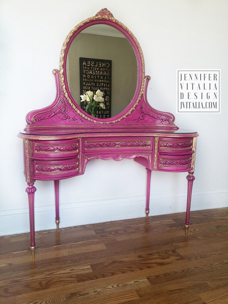 Pink and Gold Make up Vanity French Hand Painted Vintage Etsy