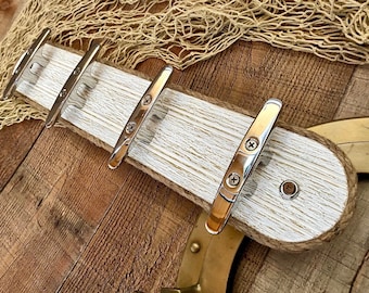 Nautical Coat Rack: Weathered White Wood, Stainless Steel Boat Cleats, Wall Hooks, Towel Hooks, Cottage Beach House Seaside Chic, Jute Rope