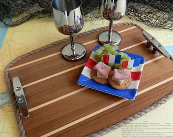 Teak & Holly Wood Serving Tray: Nautical Boat Decor with Stainless Cleats