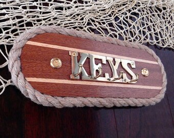 Nautical Key Holder: Mahogany & Holly Wood, Brass Hooks, Rope Trim, Key Rack Hanger, Jewelry Organizer, Cabin Sole Classic Wooden Boat Style